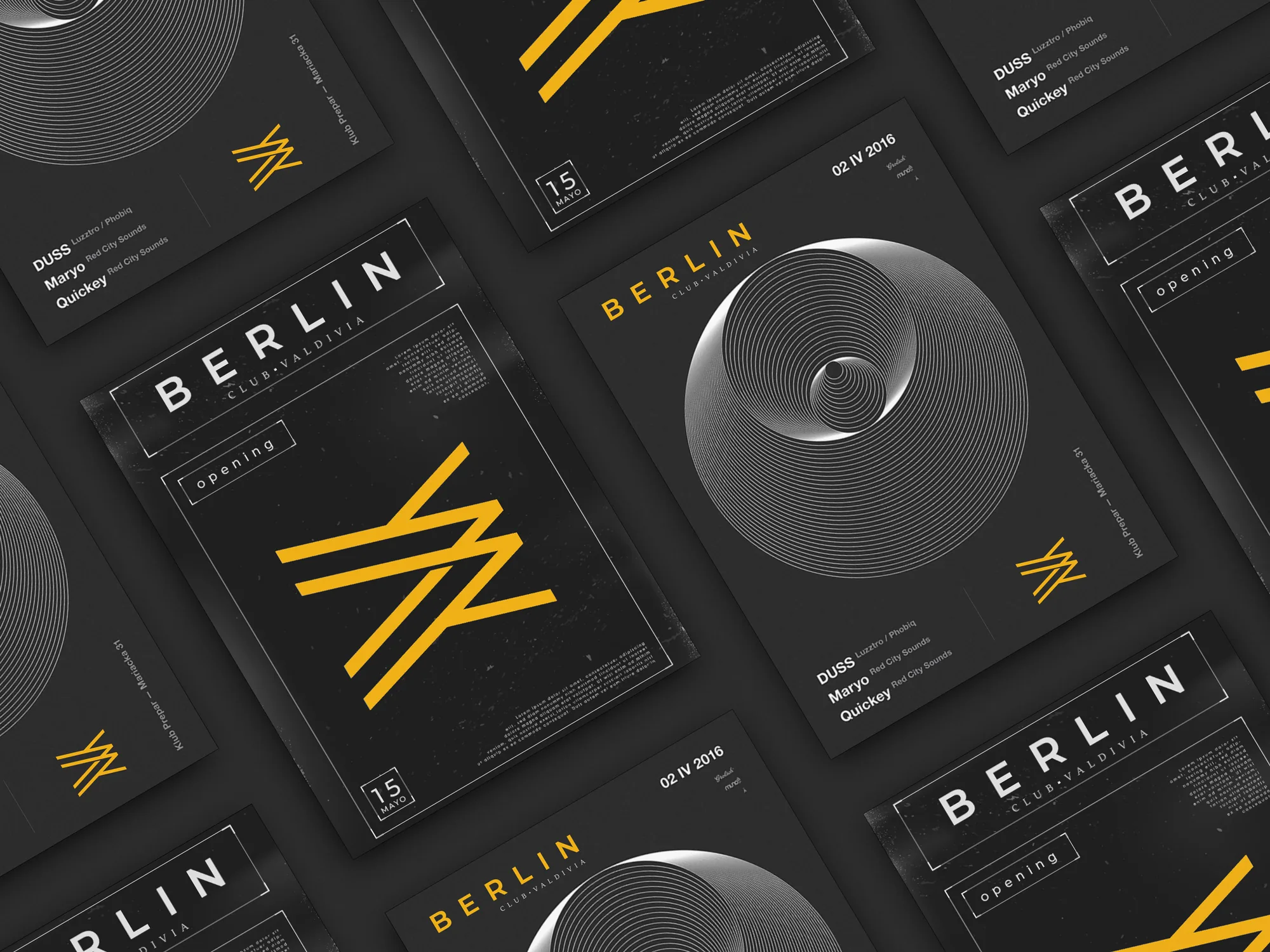 Black Berlin opening flyers with the yellow mark and op-art circles