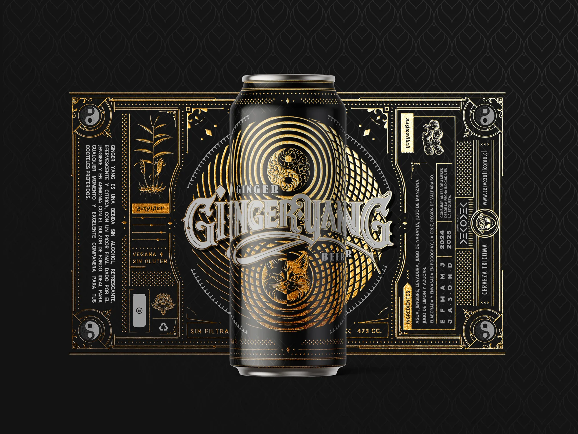 Black Ginger Yang can in front of the unrolled gold and black label