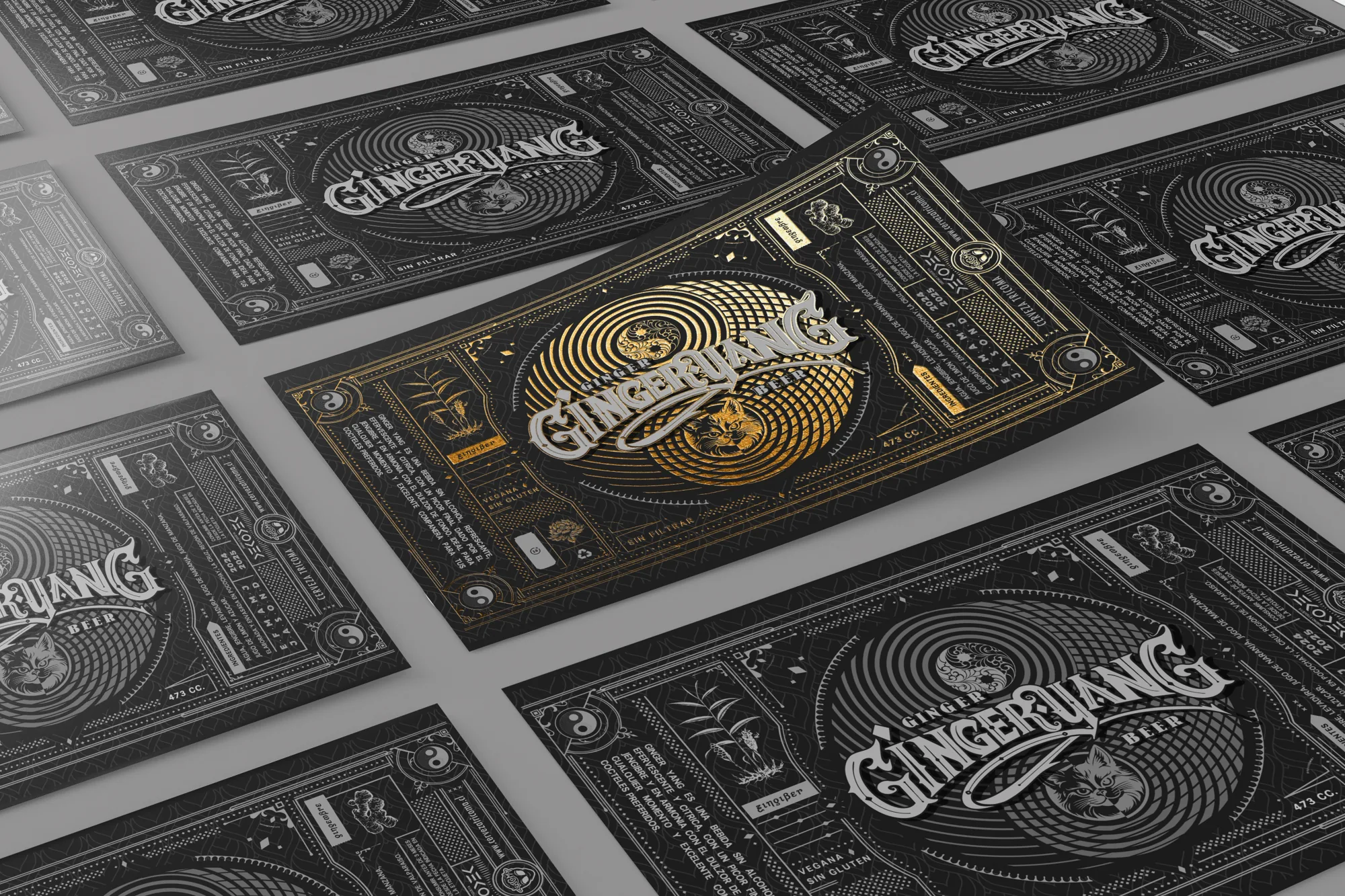 Printed Ginger Yang labels, gold on black